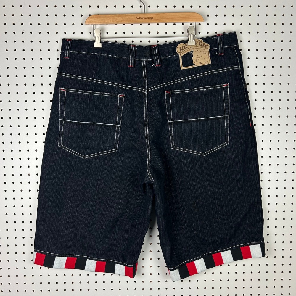 Raw Blue 42 Denim Shorts Baggy Y2K Hip Hop Embroidered Dark Wash Stitched Skater